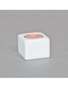 Bougeoir à base carrée bas avec bougie en porcelaine blanche