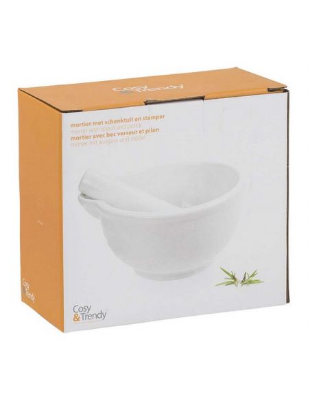 Mortier avec pilon en porcelaine blanche avec bec verseur